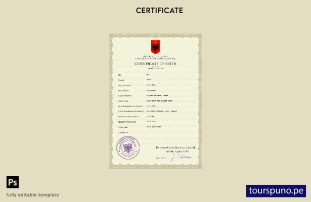 Plantilla PSD de certificado de nacimiento de Albania listo para imprimir